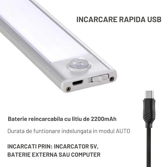 Dasbo Lampă Slim Led Cu Senzor De Mișcare Montare Magnetică Leduri Puternice Wireless Usb Reîncărcabilă Baterie Alb Cald Alb Rece 3 Moduri De Iluminare 3000k-6000k Bucătărie Hol Dressing Garaj Lungime 60 Cm