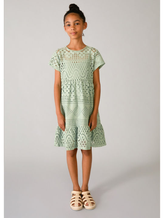 Mädchenkleid Kurzärmelig mit Spitze Set aus Zubehör Grün
