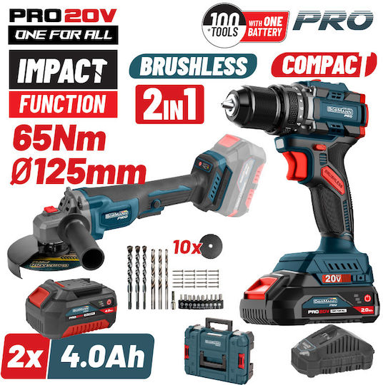 Bormann Pro Set Angle Wheel & Impact Drill Driver Brushless 20V with 2 Batteries 4Ah