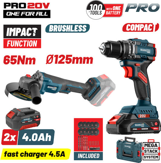 Bormann Pro Set Angle Wheel & Impact Drill Driver Brushless 20V with 2 Batteries 4Ah