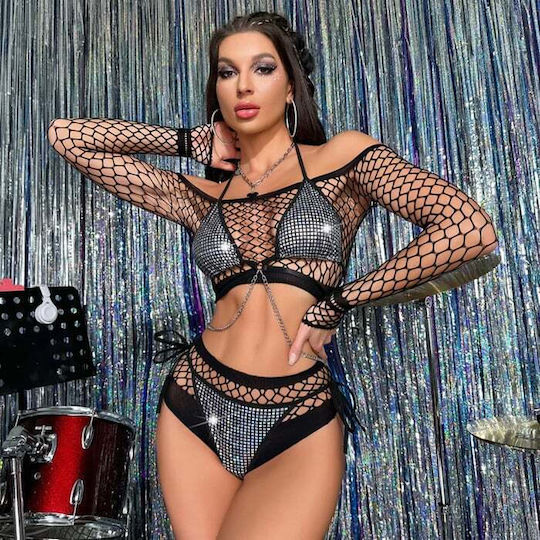 Neck Lace-up Chain Sex Lingerie Set Silver