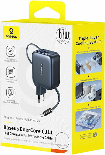 Baseus Ladegerät mit integriertem Kabel GaN mit 2 USB-C Anschlüsse USB-C 45W Stromlieferung Schwarzs (Enercore CJ11)