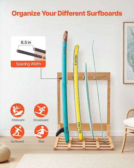 Vevor Vertical Surf Stand Wooden Surf Rack 4 Levels Storage Display Free Organization Base Holder Surf Wakeboards Snowboards Kiteboards Shortboard Ski