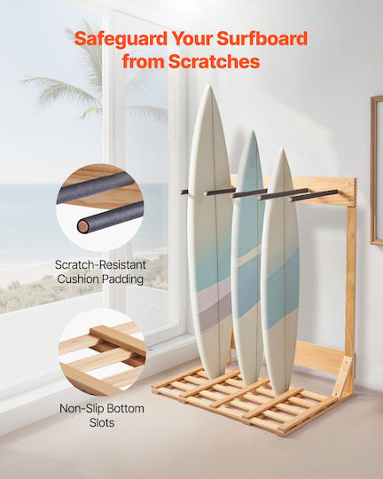 Vevor Vertical Surf Stand Wooden Surf Rack 4 Levels Storage Display Free Organization Base Holder Surf Wakeboards Snowboards Kiteboards Shortboard Ski