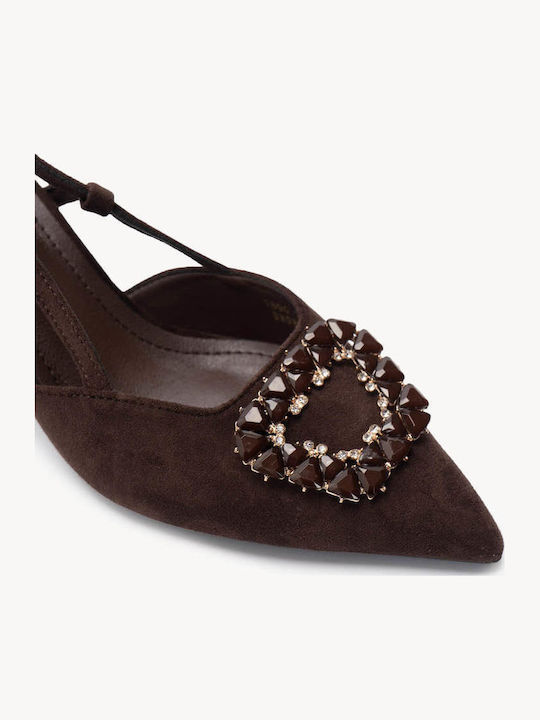 Pantofi Cu Toc Maro Slingback Cu Bijuterie Decorativă