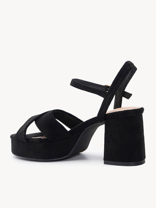Schwarze Wildleder Damen Sandalen mit Dickem Absatz Fiëpa