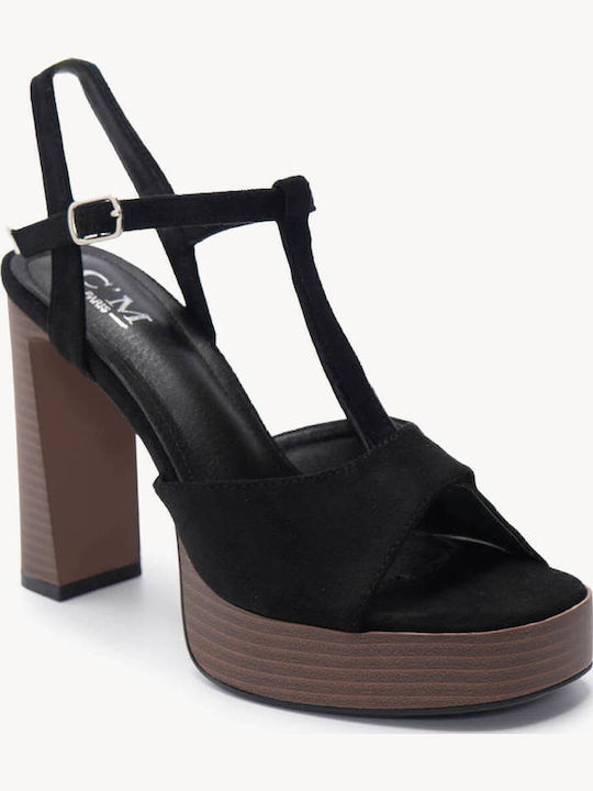 Sandale Elegante Damă Negru De Catifea Toc Înalt Din Lemn Fiapă