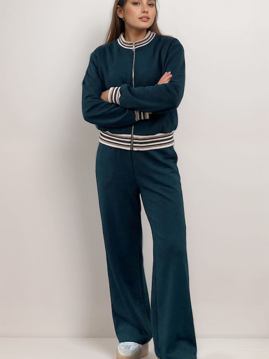 Women's Cypress Green Set with High-waisted Pants Striped