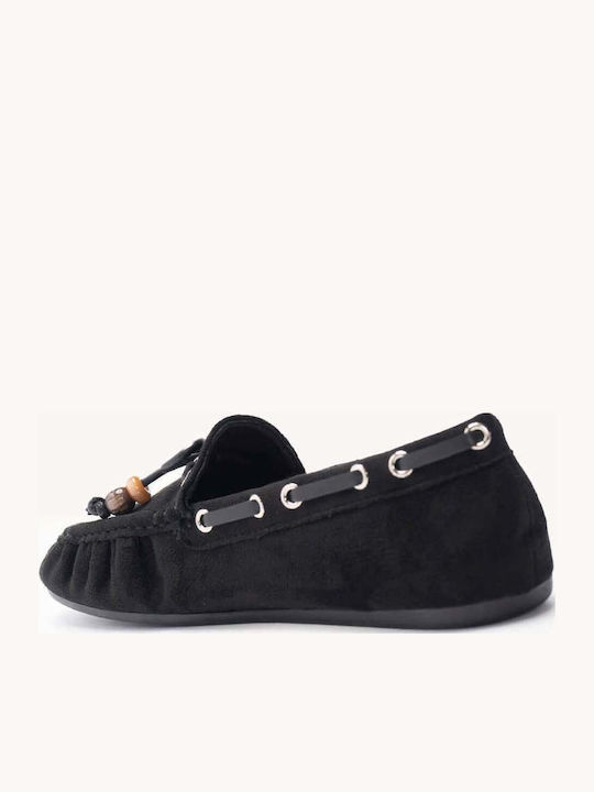 Μαύρα Suede Loafers Κορδόνια Κ Διακοσμητικές Χάντρες