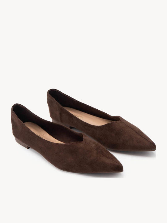 Brown Classic Pointed Toe Ballerina Shoes Suede Material