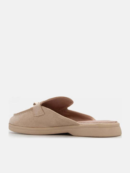 Flach Wildleder Mules in Beige Farbe