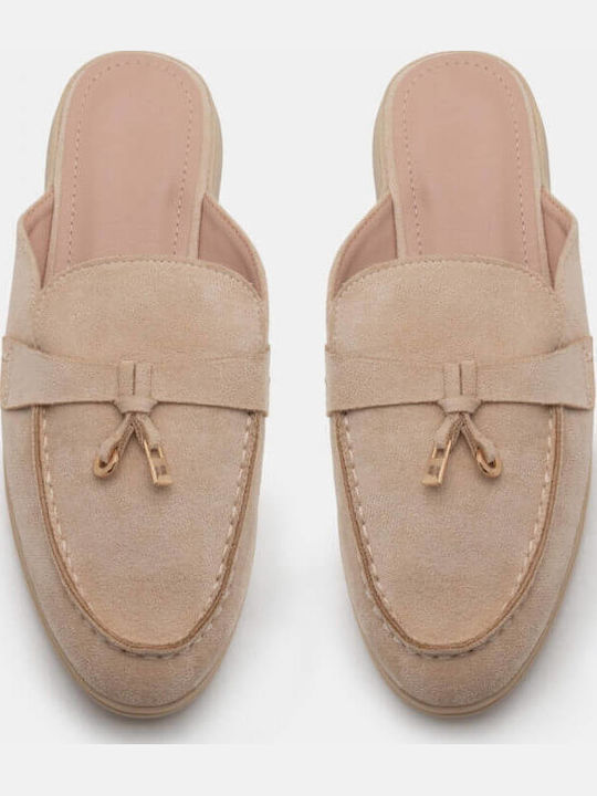 Flach Wildleder Mules in Beige Farbe