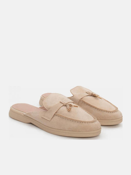 Flach Wildleder Mules in Beige Farbe