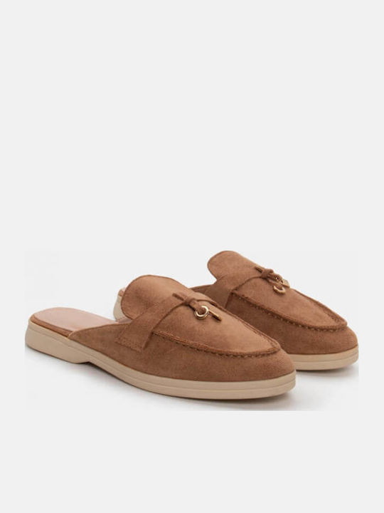 Flat Suede Mules in Brown Color