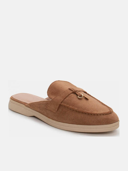 Flat Suede Mules in Brown Color