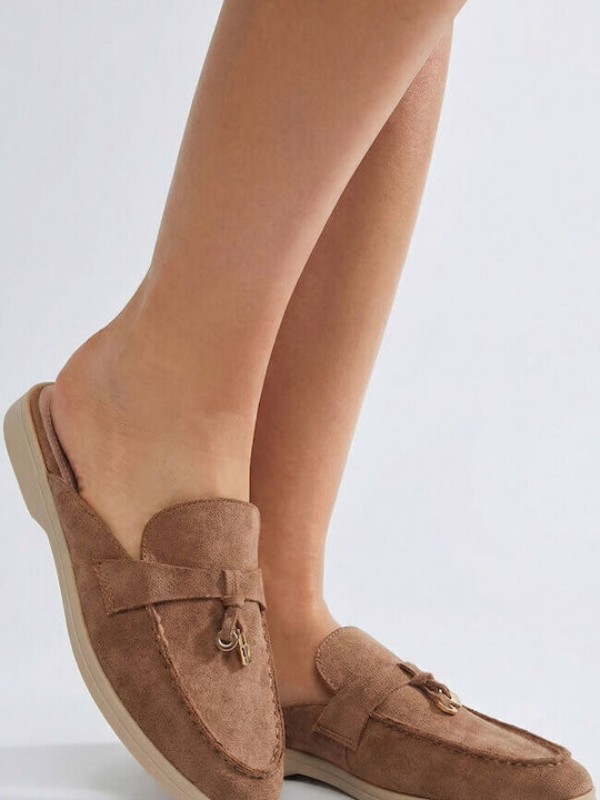Flat Suede Mules in Brown Color