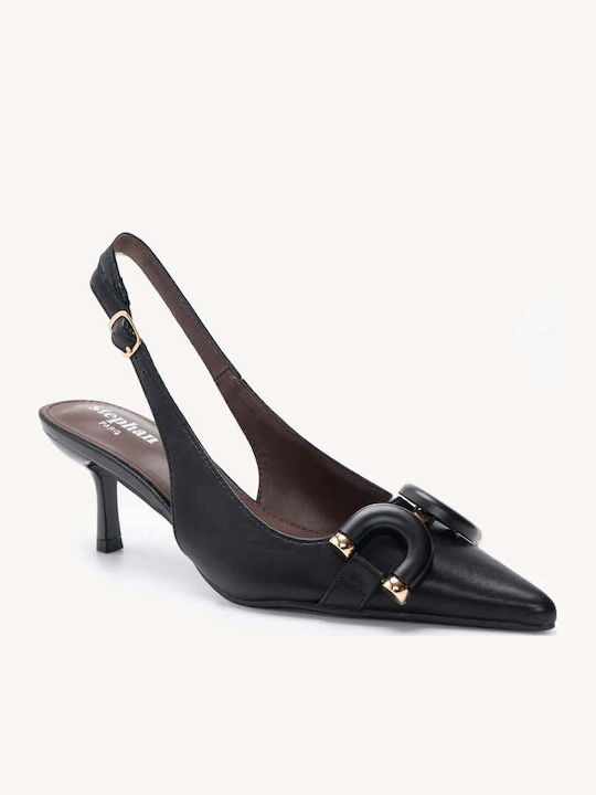 Μαύρες Μυτερές Γόβες Slingback Λεπτό Τακούνι