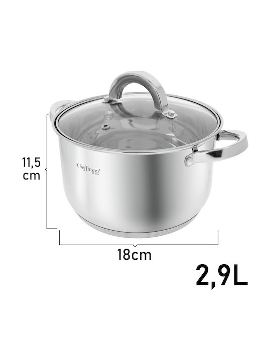 Cheffinger Тенджера От Неръждаема Стомана Стъклен Капак 18см 2.9л Съвместима С Индукция Сребриста