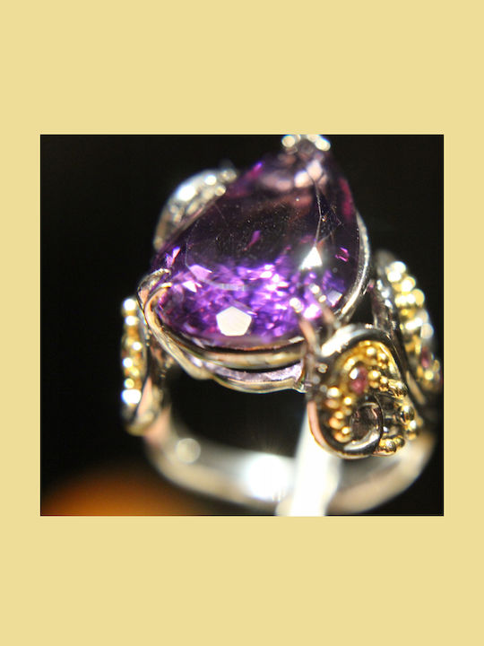 Künstlerischer Silberring Natürlicher Amethyst Granate Größe 17,5