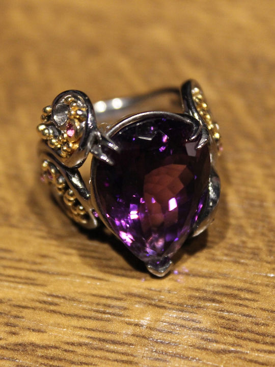 Künstlerischer Silberring Natürlicher Amethyst Granate Größe 17,5