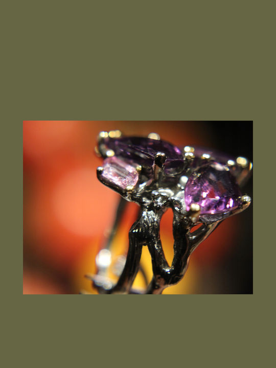 Artistic Silver Ring Natural Amethysts Spinels Diopsides Size 15