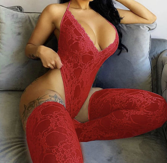 Sexy Deep V Neck Sexy Underwear Bodysuit Stockings Set Red