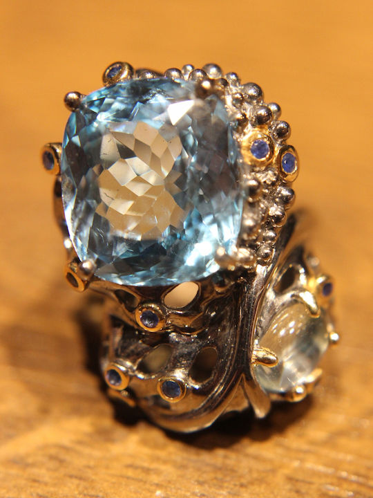 925 Silver Ring Natural Topaz Aquamarine Sapphires Size 16.5