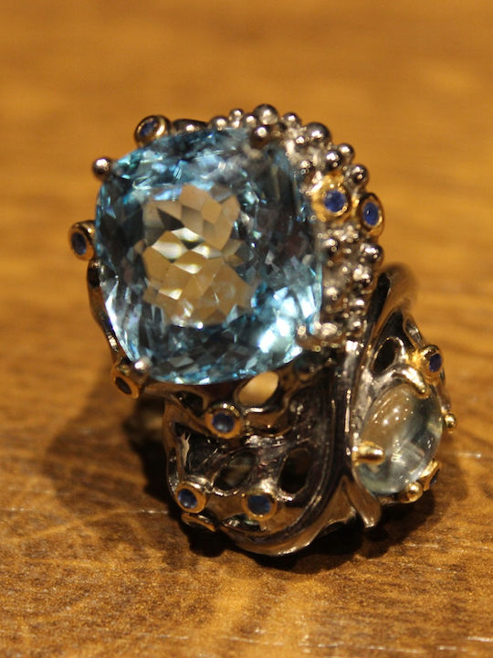 925 Silver Ring Natural Topaz Aquamarine Sapphires Size 16.5