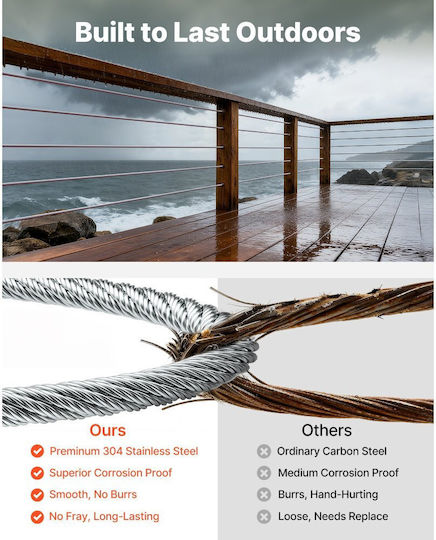 Vevor Wire Rope Set 2 Mm Thickness 35.1 M Length Stainless Steel 304 Cable 2 Kn Breaking Strength 7 X 7 Strand Construction Steel Cable Railing System Garden Lights