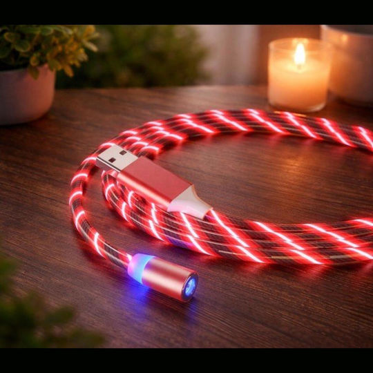Vivid LED / Magnetic USB to Lightning / Type-C / micro USB Cable 2A Κόκκινο