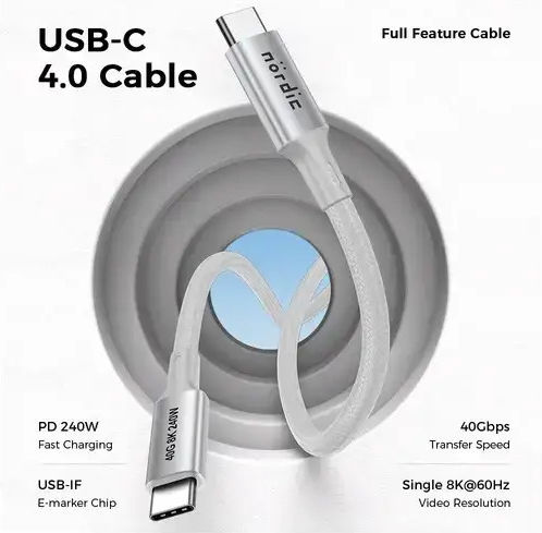 Nordic USB 2.0 Cable USB-C Male - USB-C 240W PD White 0.5m USB4-452