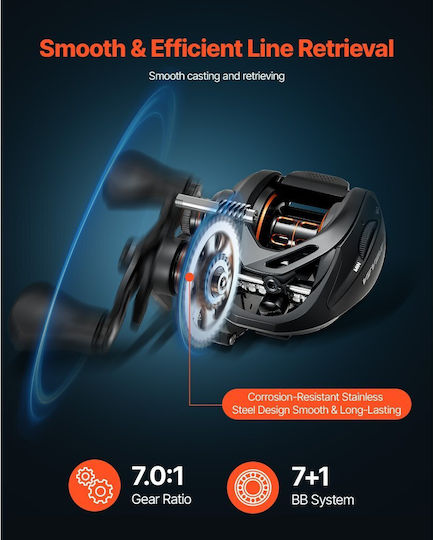 Vevor Fishing Rod Reel Combo Baitcasting Im7 Carbon Fiber Sea Bass Fishing Rod Bb System 7+1 Gear Ratio 7.0:1 Cork Handle Stainless Steel Guides Ceramic Rings