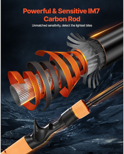 Fishing Rod and Reel Combo Vevor Baitcasting Im7 Carbon Fiber Sea Bass Fishing Rod System Bb 6+1 Gear Ratio 7.0:1 Cork Handle Stainless Steel Guides Ceramic Rings