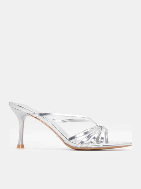 Women's Mules with Thin High Heel in Silver Color