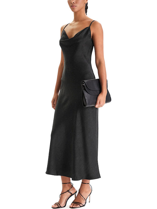 Akilina Sommer Midi Abend Damenkleid Slip Dress Satin Drapierung Schwarz