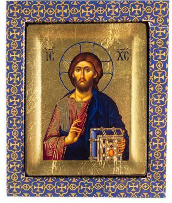 Jesus Christ Engraved Wooden Icon Canvas Gold Background Authentic Product of Vatopedi Monastery Holy Great Monastery Vatopedi 30405000024323 13 X 10 Cm
