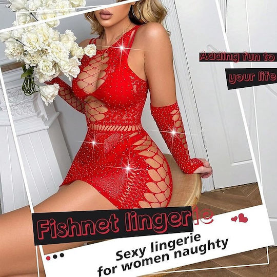 Smd Intime Serie Scarlett Crush Glitzerndes Netz Riemchen Body Sexy Figurnahes Netz Kleid One Size Rote