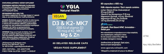 Ygia D3 & K2-MK7 600mg Supplement for Healthy Hair and Skin 60 Vegetable Capsules