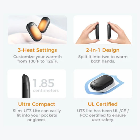 Ocoopa Portable Hand Warmers 2 in 1 Ut3 Lite Magnetic Rechargeable 10w 3 Heating Levels Blue Black
