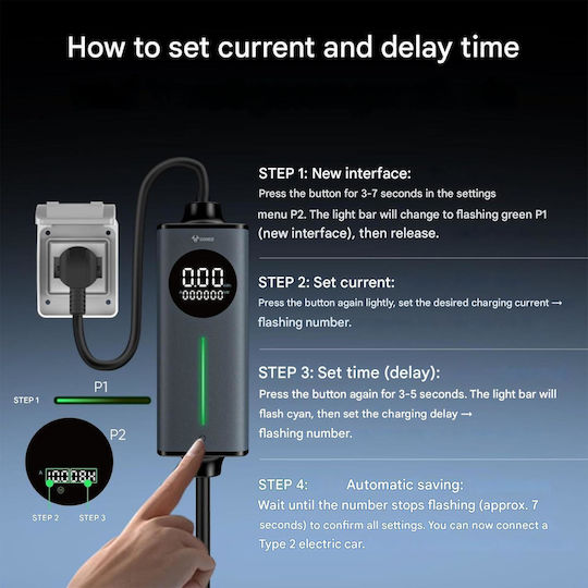 Portable Electric Car Charger 3.6kW with Built-in Cable 15m Type 2