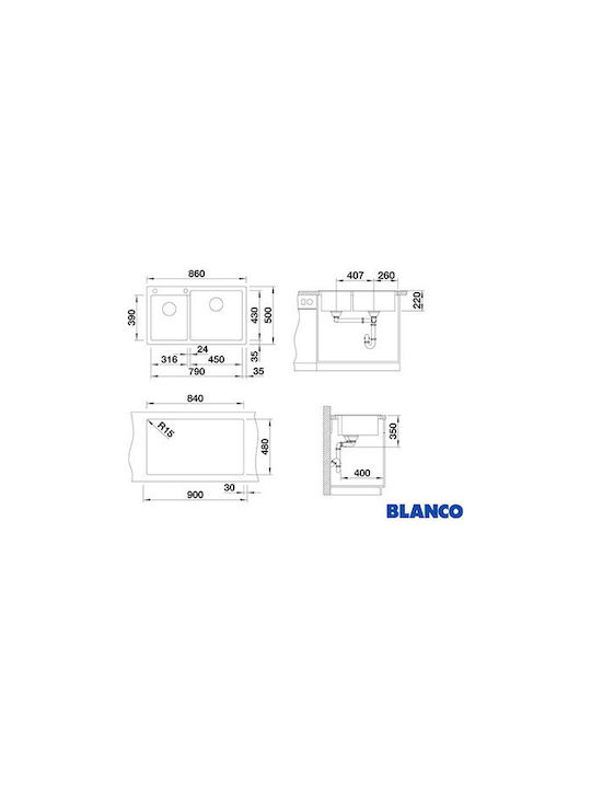 Blanco Drop-In Küchenspüle aus Flüssiger Granit M86xB50cm Graue