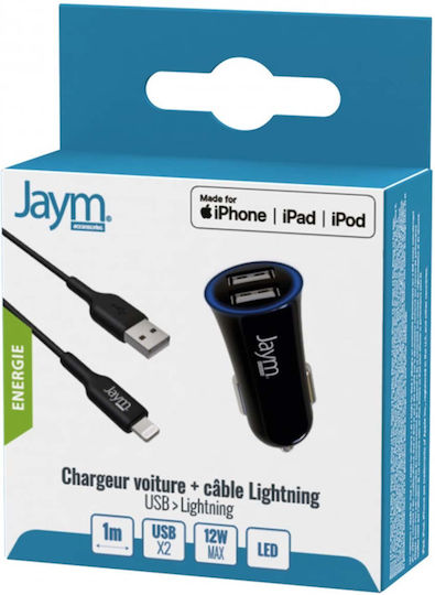Jaym Pack Cigaret Lighter Charger 2 Usb-a 12w Usb-a To Lightning Mfi Cable 1m Black