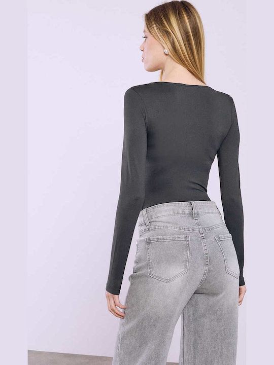 Celestino Γυναικείο Κορμάκι Στρογγυλή Λαιμόκοψη Slim Fit Γκρι Σκούρο