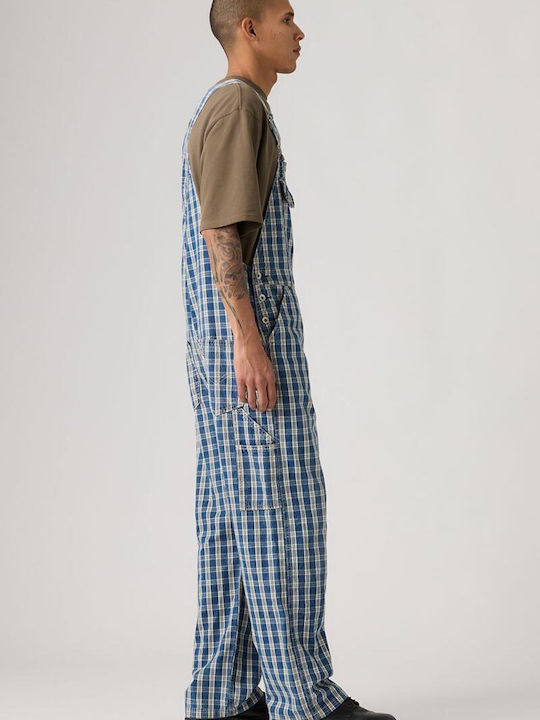 Men's Denim Dungarees with Loose Straight Fit Check Blue