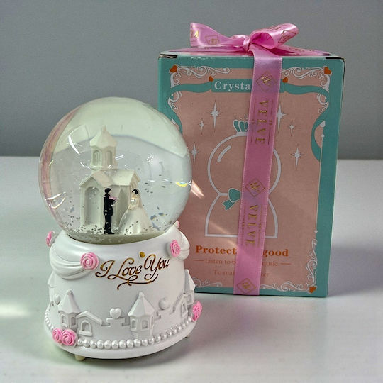 Glass Musical Globe Bride Groom Little Church "i Love You" Message Decorative Resin Stand