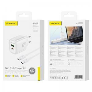 Foneng Φορτιστής GaN με Θύρα USB-A και Θύρα USB-C και Καλώδιο USB-C - USB-C 45W Power Delivery Λευκός (EU67)