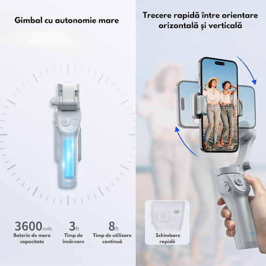 Gimbal Mobil cu Stabilizator pe 3 Axe și o durată de viață a bateriei de 8 ore Argintiu