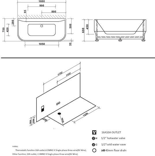 Piccadilly Cadă de baie Acrilic cu hidromasaj 160x75cm