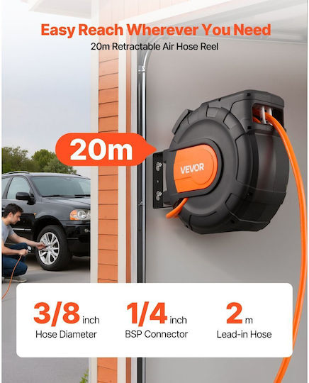Retractable Air Hose Reel Vevor PVC Air Hose 20m x 9.5mm Maximum 300psi Closed Air Compressor Hose Reel Automatic Rewind Inlet 2m 180° Swivel Ceiling Wall Mount Garage Workshop