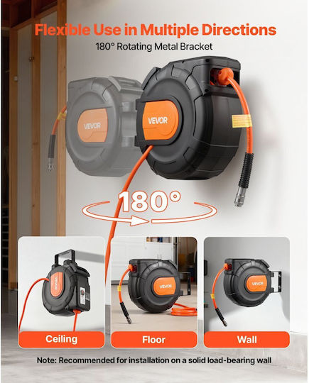 Retractable Air Hose Reel Vevor PVC Air Hose 20m x 9.5mm Maximum 300psi Closed Air Compressor Hose Reel Automatic Rewind Inlet 2m 180° Swivel Ceiling Wall Mount Garage Workshop